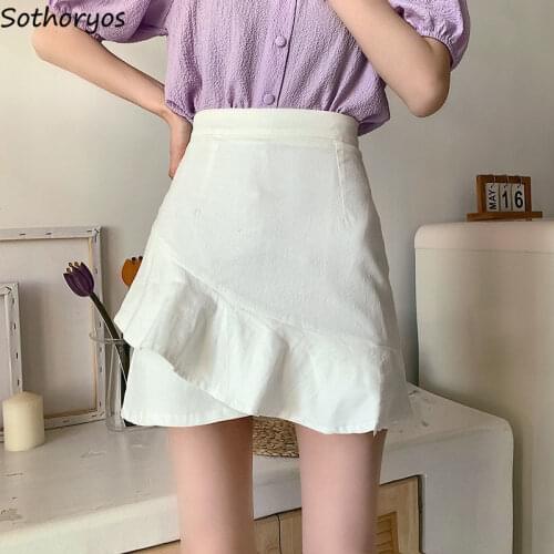 Ruffles Mini A-line Women Skirts Design High-waist Solid Korean Style Casual Fashion All-match Streetwear Students Skinny Chic