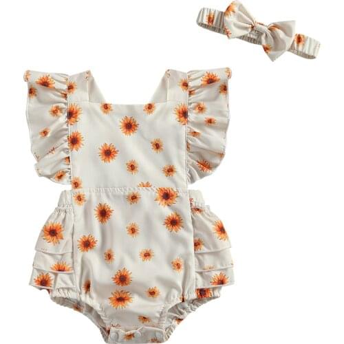 Baby Girls Printed 2Pcs Romper Set Ruffled Sleeve Square Neck Backless Triangle Jumpsuits with Headband Baby Summer Clothing