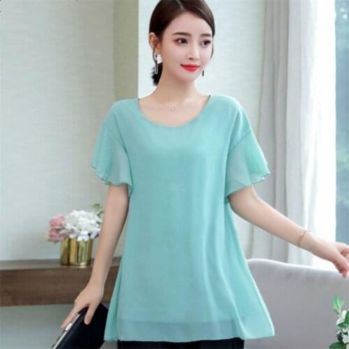 Summer Chiffon Solid Simple Blouse Women Office Work Basic Top Casual Short Sleeve Clothing Blusas Mujer De Moda Plus Size M-8XL