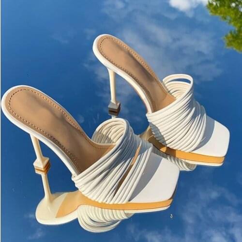 Square-toe slippers ladies summer shoes multi-knot Muller sandals sexy high-heeled Roman slippers hollow stiletto womens shoes