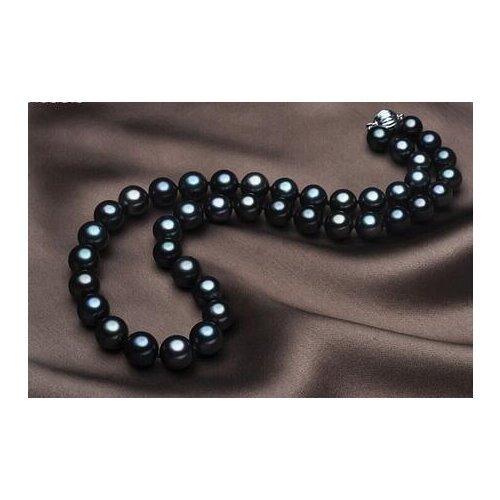 StunningAAA10-11mm tahitian black green pearl necklace 18inch silver clasp KKK