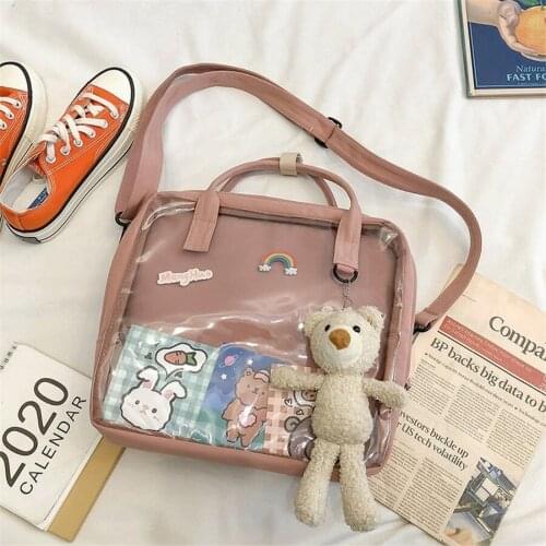 Kawaii Teenage Girls Badge Messenger Bag Transparent Sweet Women Tote Handbags Front Back Use School Students Crossbody Bags