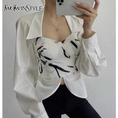 TWOTWINSTYLE White Casual Patchwork Print Womens Shirt Lapel Puff Long Sleeve Korean Slim Fashion Woman Blouses 2021 Autumn New