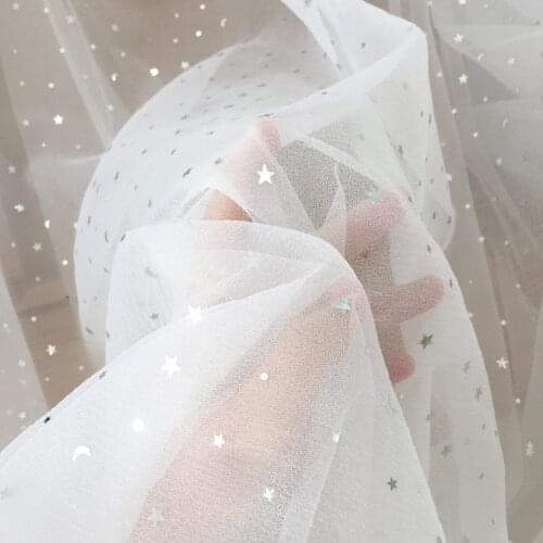 5 Yards Silver Star Moon Tulle Lace Fabric in Off White, Wedding Overlay Bridal Veil DIY Lace 150cm Wide