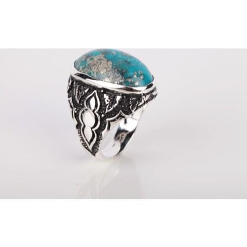 UM US JEWELRY Turquoise Natural Stone Hand Embroidered 925 Sterling Silver Men Ring