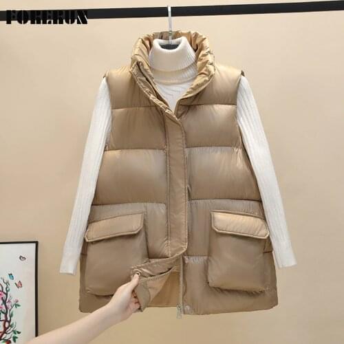 FORERUN Winter Waistcoat Women Short Stand Collar Cotton Padded Gilet Bodywarmer Korean Fashion Doudoune Sans Manche Femme