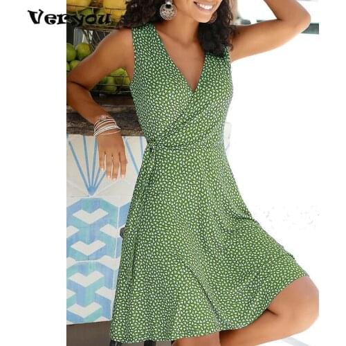 2021 New Casual Polka Dot Dress Women V Neck Sleeveless Bandage Beach Dress Summer Bohemian Dresses For Women Free Shipping