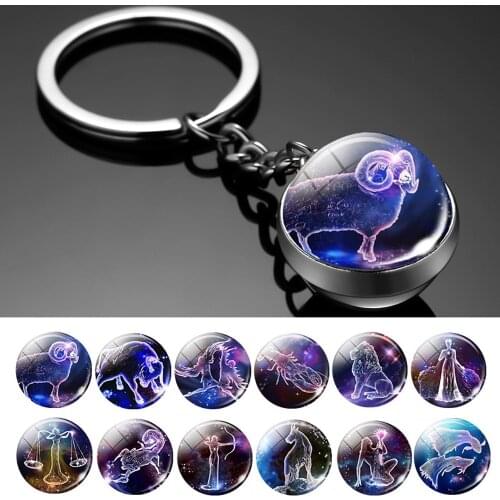 12 Constellation Luminous Car Keychain Glass Ball Pendant Zodiac Keychain Glow In The Dark Key Chain Holder Car Accessories