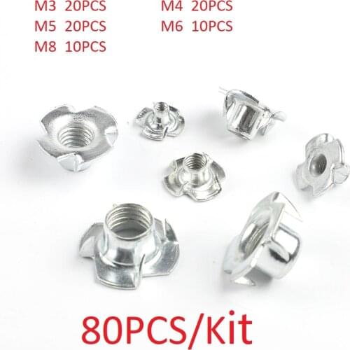 80pcs M3 M4 M5 M6 M8 Zinc Alloy Iron Four Claws Nut kit Speaker Nut T-nut Blind Pronged Tee Nut Furniture Hardware