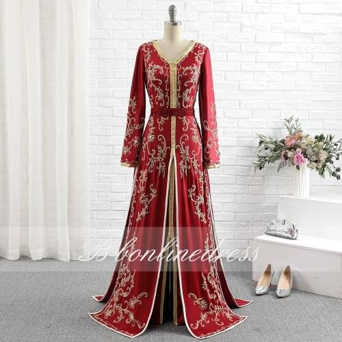 Red Moroccan Caftan Evening Dresses 2020 Embroidery Crytal Long Formal Gown Sleeve Arabic Dubai Muslim Party Dress Plus Size