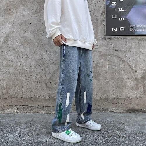 2021 autumn and winter high street paint graffiti personality jeans male loose straight tide brand student retro washed pants