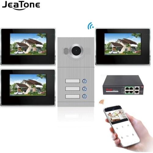 JeaTone 7'' Tuya IP Video Door Phone Video Intercom for 3 Apartments, Support IOS/Android Mobile Remote Unlock Motion Detection