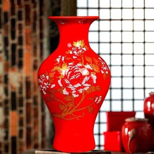 24cm Height Red Crystal Glazed Peony Flower Ceramic Vases for Home decor Simple Insert Craft with Wood Vase