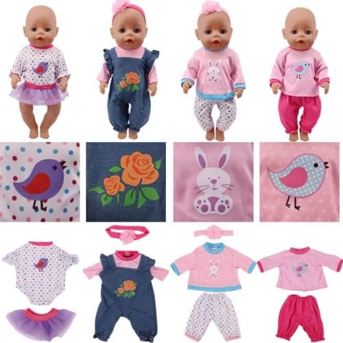 Doll Clothes Cartoon Roses, Birds, Rabbits Pattern For 18 Inch American&43 Cm Born Baby Generation Girls Russian DIY Toy Gift