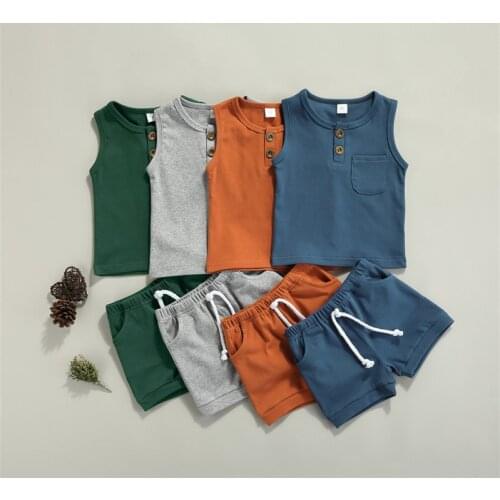 2 Pcs Newborn Summer Outfits Baby Solid Color Round Neck Tank Tops with Pocket + Drawstring Shorts