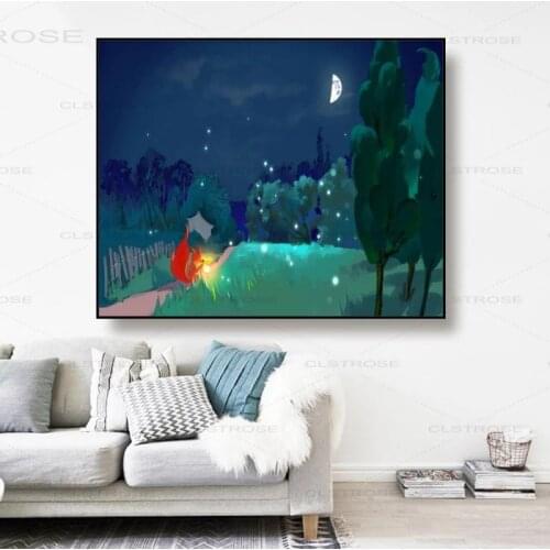 Cartoon Little Fox with Lantern Firefly Night View Moon Fairy Tale Childrens Room Canvas Print Decoration Frameless Poster