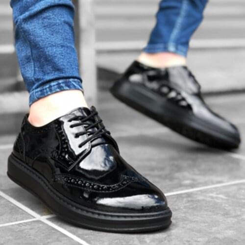 BA0003 Laced Classic Black Black Outsole Japanned Leather High Sole Casual Men Shoes Elegant Invitation On And Worn On Special Occasions Turkish