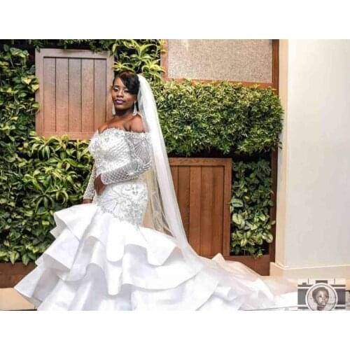 Newly Off the Shoulder Crystals Beads Mermaid Wedding Dresses Sweep Train Satin Ruffles Long Sleeves Bridal Gowns Custommade