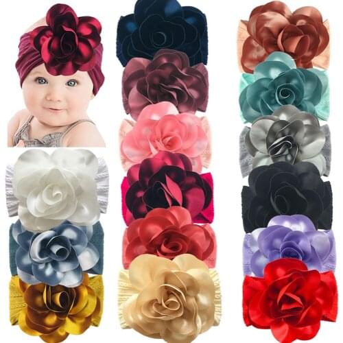 15Pcs/Lot New Soft Jacquard Nylon Headband With 6" Big Chiffon Flower Baby Girls Turban Head Wrap Children Hair Accessories