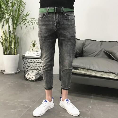 Send belt gray embroidery micro-span feet slim pencil jeans mens tide spring and autumn Korean tooling casual youth trousers