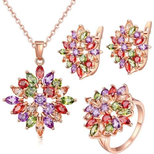 Ociki Rose Gold Color Colourful CZ Crystal Necklace Earrings and Ring Jewelry Set Bohemia for Women Drop Fashion Jewelry