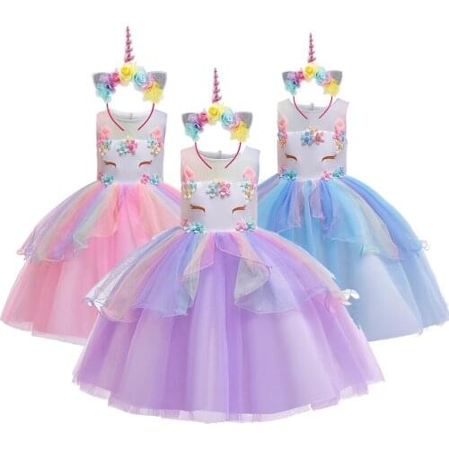 Chiffon Unicorn Tutu Dress Kids Girl Infant Dress Halloween Christmas Carnival Birthday Party Clothes Headband 3-10 Y