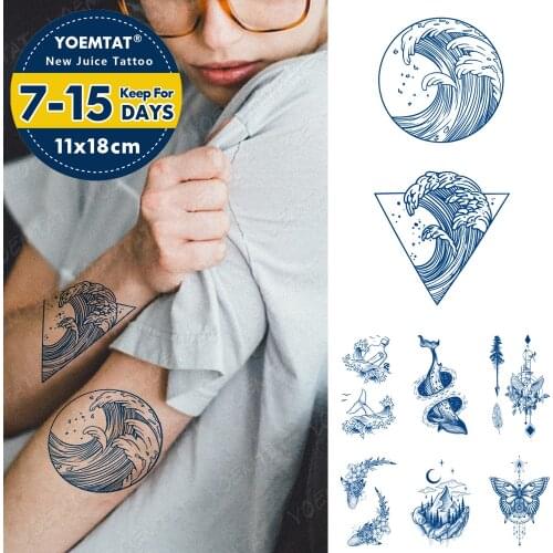 Juice Lasting Ink Tattoos Body Art Waterproof Temporary Tattoo Sticker Simple Whale Lines Tatoo Arm Fake Waves Ocean Tatto Women
