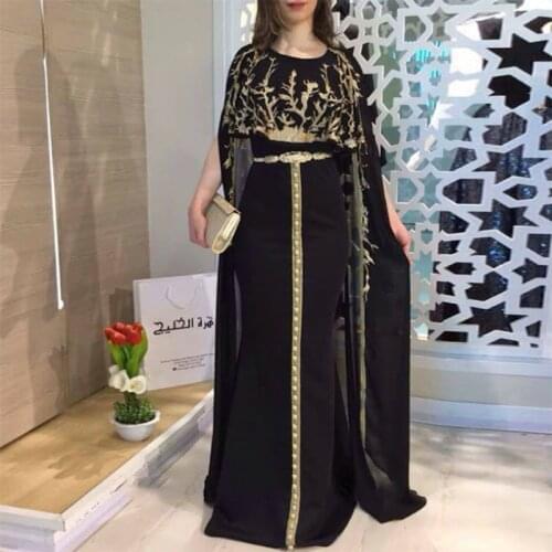 Gold Appliques Black Arabic Evening Gown With Shawl Long Sleeves Beaded Mermaid Moroccan Kaftan Celebrity Evening Dresses Custom