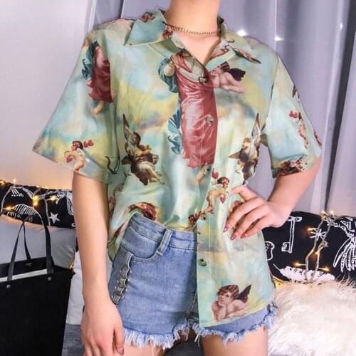 Vintage Aesthetic Cupid Angel Print Women' Blouse Shirt Cardigan Short Sleeve Summer Top Graphic Blouse Women Clothes 2021 New