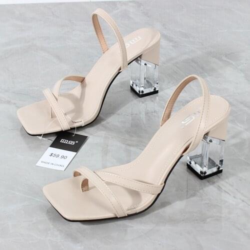 Womens Sandals 2021 Summer New Thin Flip-Flops High Heel Sandals Fashion Crystal Hollow Square Heel Sexy Party Shoes 8.5CM