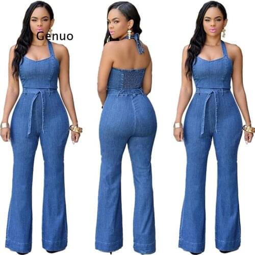 Women Blue Sexy Fitness Denim Jumpsuits Casual Halter Sleevless Playsuits Slim Plus Size Overalls Jeans Rompers Pants with Belt