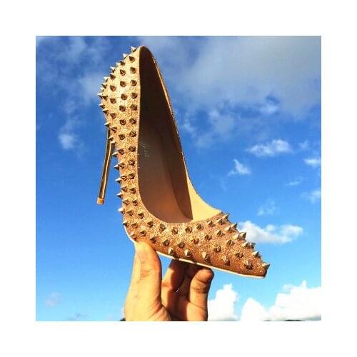 2018 Women Gold Rivet Pumps Pointed Toe Spike High Heels Slip-on Dress Shoes Sequined Cloth Sexy Office Lady Pumps Gold heel