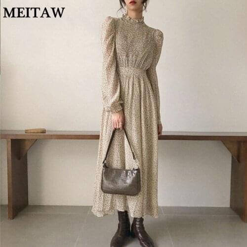 Women Floral Print Office Dress Vintage Ruched Party Dresses 2020 Elegant Stand Collar Long Sleeve Elastic Waist A-Line Dress