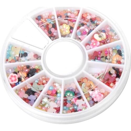 1200pcs 3D Nail Art Tips Decorations Mixed Color Faux Pearl Flower Bowknot