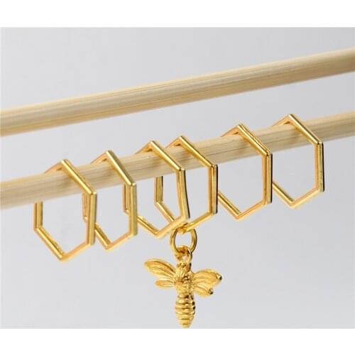6pcs Hexagon Bee Pendants Knitting Stitch Markers Gold/Silver Color Zinc Based Alloy Crochet Locking Needle Clip Knitting Tools