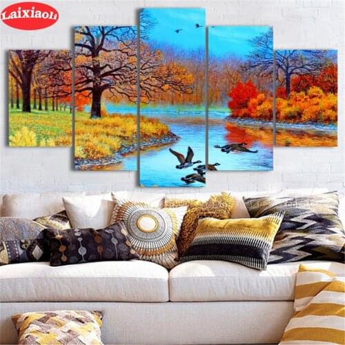5D DIY Diamond Embroidery Natural scenery autumn trees river Diamond Painting Cross Stitch Mosaic New Arrival Wall Art5 PCS