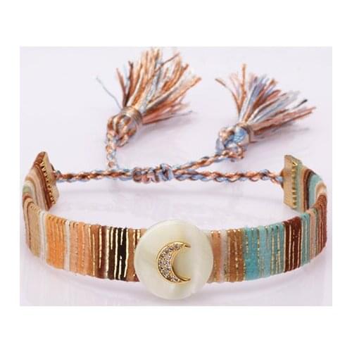 White CZ Moon Sign Shell ethnic boho soft cotton silk tassel wristband adjustable bracelet daily jewelry for woman