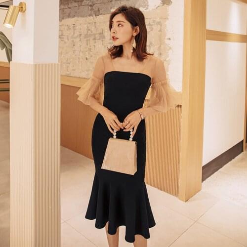 YIGELILA Autumn Elegant Patchwork Dress Square Collar Dinner Party Dress Lantern Sleeves Mid-calf Mermaid Dress 65191