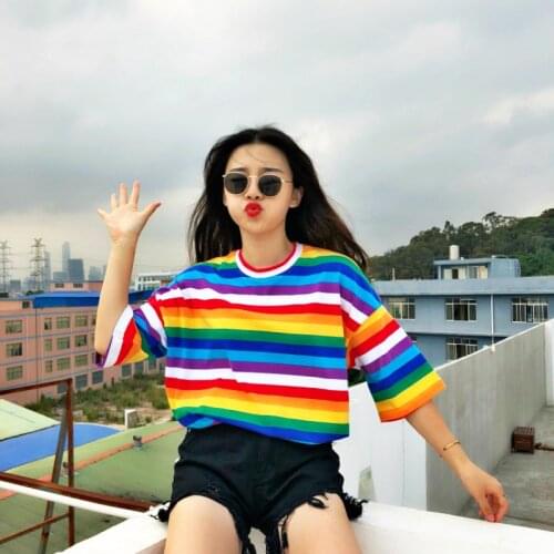 New T Shirt Women Rainbow Striped Tops Harajuku Tshirt 2021 Summer Short Sleeve Korean Punk T-shirt Camiseta Feminina