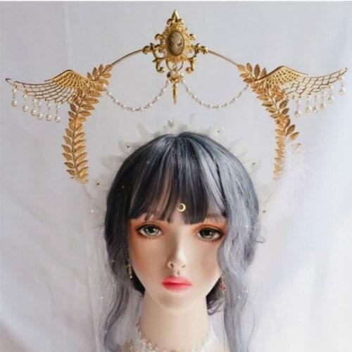 Lolita Headwear Notre Apollo Sun Halo Angel Wings Pearl Tassel Crown Headband Gorgeous Hair Accessories