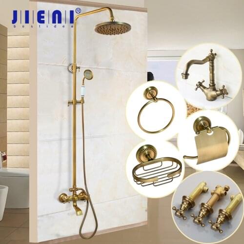 JIENI 8 Inch Antique Brass Bathroom Rainfall Shower Head System Bath & Shower Faucet Mixer Shower Set W/ Hand Spray Tap Set
