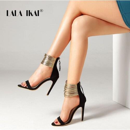 LALA IKAI High Heel Sandals Fish Mouth Women Summer Metal Sexy Ladies Sandal High Heel Flock Peep Toe Sandalie Female XWC10185-5