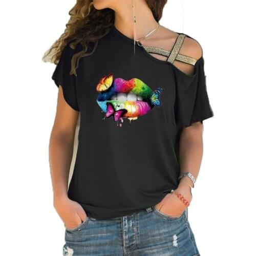 Summer Lady Multicolored Lips Butterflies Print Funny Tee shirt Women Short sleeve Loose Irregular Skew Cross Bandage Top Tee