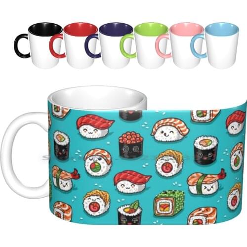 Kawaii Sushi Ceramic Mugs Coffee Cups Milk Tea Mug Blue Sushi Kawaii Seamless Pattern Cartoon Style Character Cute Japanese