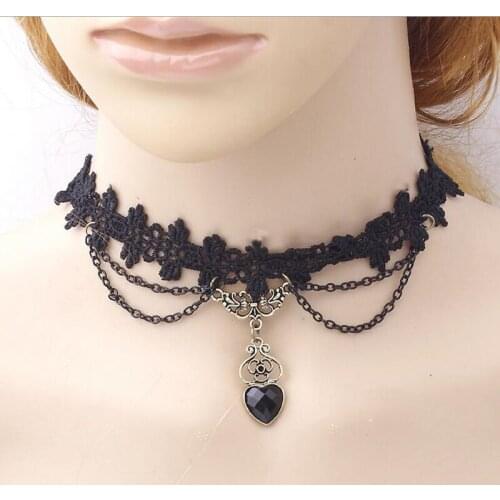 JINGLANG Fashion Lace Rope Chain Chokers Necklace Dangle Black Crystal Heart Charms Short Necklaces & Bracelets Jewelry