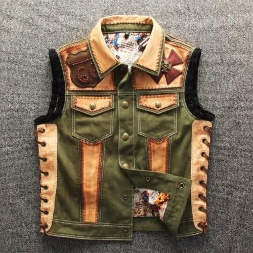 Mens Vintage Patchwork Motorcycle Biker Vest Horse skin + canvas Punk Rock Waistcoat Patch Horsehide Leather Sleeveless Jacket