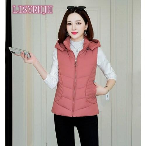 LISYRHJH New Down Cotton Vest Women Winter Short Waistcoat Outerwear Sleeveless Jacket Coat Hooded Autumn Cotton Vest Female