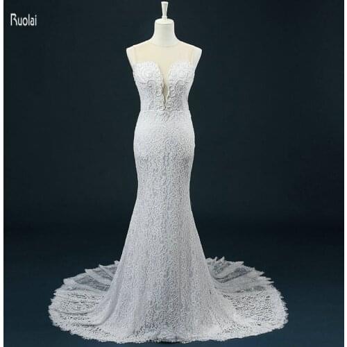 2016 New Arrival Charming Mermaid O Neck Beading Pearls Lace Custom Made Formal Long Wedding Dresses Real Sample