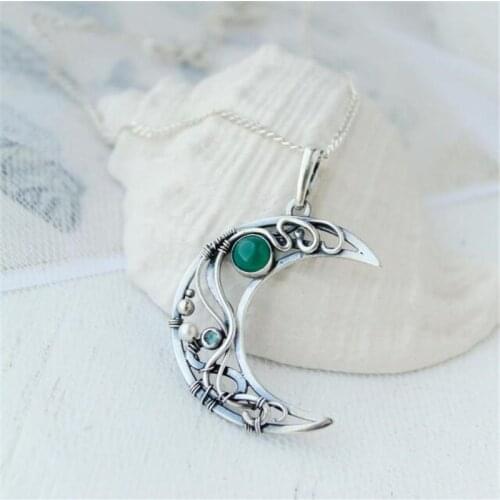 Witchy Wire Wrapped Half Moon Necklace with Green Moonstone Phase Jewelry Healing Crystal Boho May Birthstone, Crescent #Y3ID03