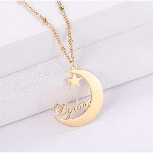 Personalized Moon Necklace Customized Gold Stainless Steel Name Pendant Custom Steel ball chain Necklace For Women Jewelry Gift